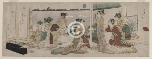 Tsukasa and Other Courtesans of the Ogiya Watching the Autumn Moon Rise..., 1799. Creator: Katsushika Hokusai (Japanese, 1760-1849).