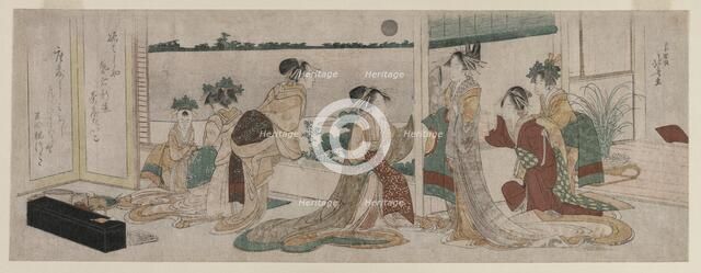 Tsukasa and Other Courtesans of the Ogiya Watching the Autumn Moon Rise..., 1799. Creator: Katsushika Hokusai (Japanese, 1760-1849).