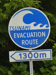 Tsunami warning road sign, British Columbia, Canada 2018. Creator: Unknown