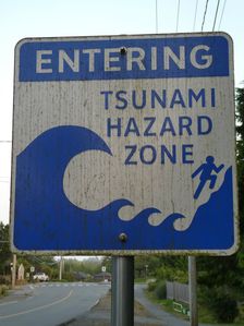 Tsunami warning road sign, British Columbia, Canada 2018. Creator: Unknown