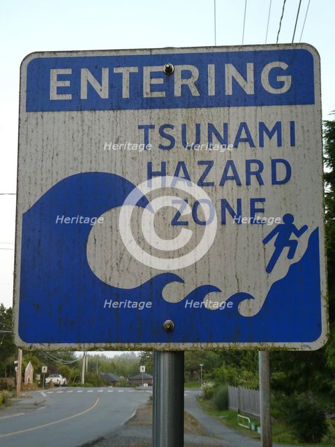Tsunami warning road sign, British Columbia, Canada 2018. Creator: Unknown.