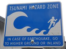 Tsunami warning road sign, British Columbia, Canada 2018. Creator: Unknown