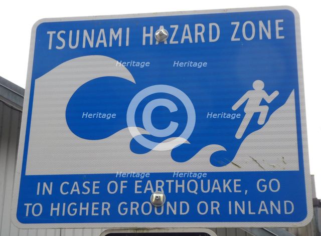 Tsunami warning road sign, British Columbia, Canada 2018. Creator: Unknown.