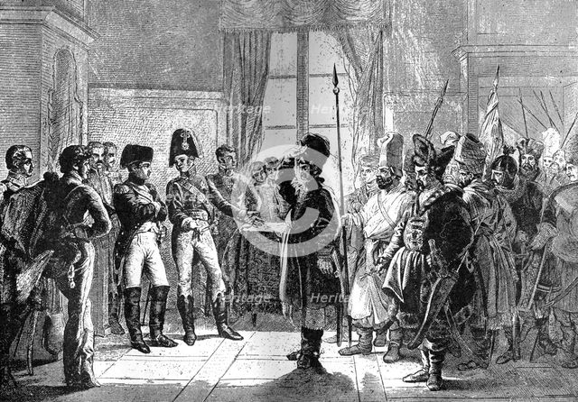 Tsar Alexander I presenting Russian troops to Napoleon, 8th July 1807 (1882-1884). Artist: Unknown