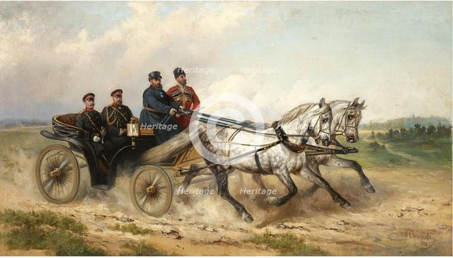 Tsar Alexander III and Kaiser Wilhelm II in a landau, 1888. Artist: Sverchkov, Nikolai Yegorovich (1817-1898)