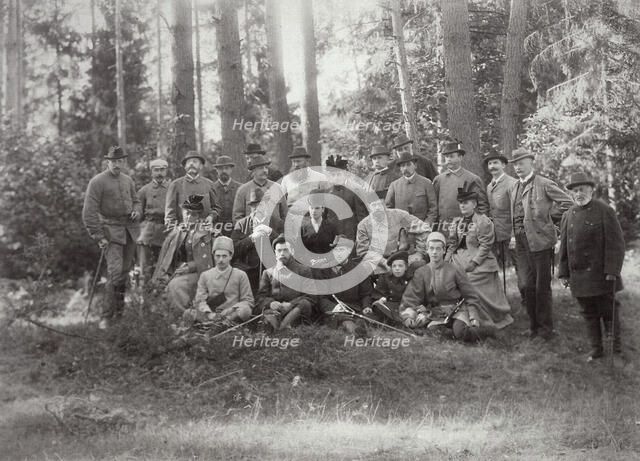 Tsar Alexander III with family and friends on a hunt in the Bialowieza Forest, Russia, 1894. Artist: Unknown
