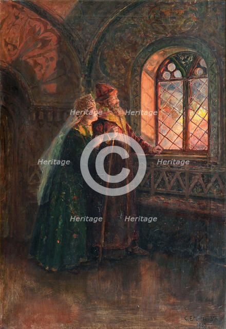 Tsar Alexei Mikhailovich and Maria Miloslavskaya during the Fire of Moscow, 1903. Artist: Yegornov, Sergei Semyonovich (1860-1920)