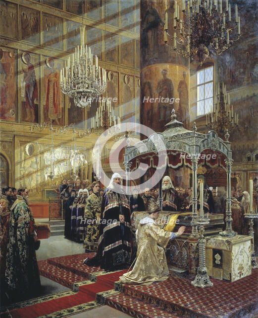 Tsar Alexis and Patriarch Nikon at the coffin of Metropolitan Philip of Moscow, 17th century (1886). Artist: Alexander Litovchenko