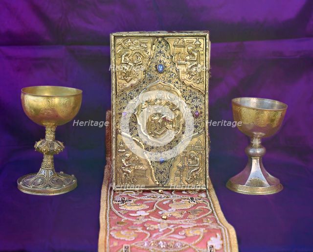 Tsar Aleksei Mikhailovich's gospel and Tsar Mikhail Feodorovich's sacramental vessels..., 1911. Creator: Sergey Mikhaylovich Prokudin-Gorsky.
