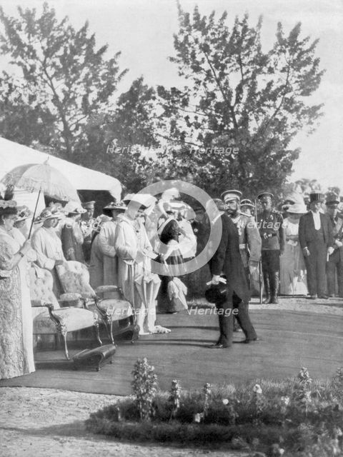 Tsar Nicholas II with visiting French President Poincare, Krasnoye Selo, Russia, 22 July 1914. Creator: Unknown.