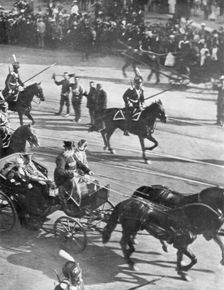 Tsar Nicholas II with visiting French President Poincare, St Petersburg, Russia, 21 July 1914. Creator: Unknown