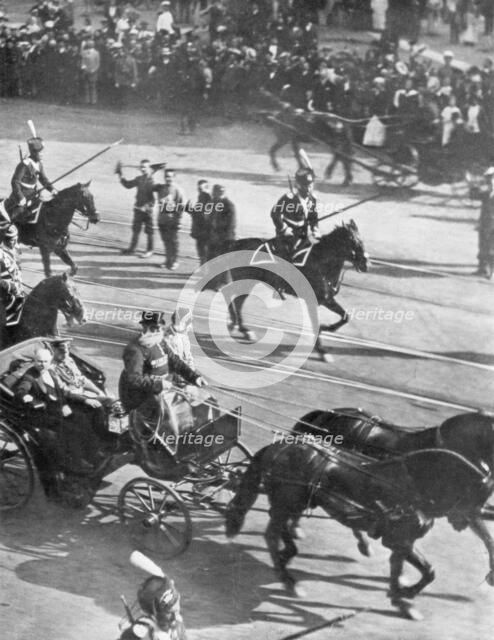 Tsar Nicholas II with visiting French President Poincare, St Petersburg, Russia, 21 July 1914. Creator: Unknown.