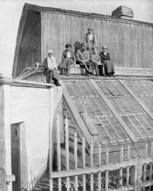 Tsar Nicholas II and his children sitting on a greenhouse, Tobolsk, Siberia, Russia, 1917