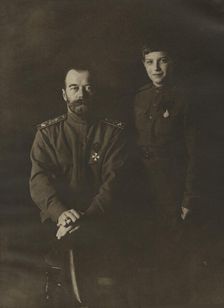 Tsar Nicholas II and Tsarevich Alexei, 1915. Creator: Levitsky, Sergei Lvovich (1819-1898)