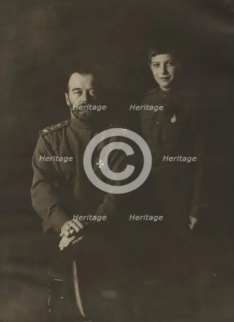Tsar Nicholas II and Tsarevich Alexei, 1915. Creator: Levitsky, Sergei Lvovich (1819-1898).