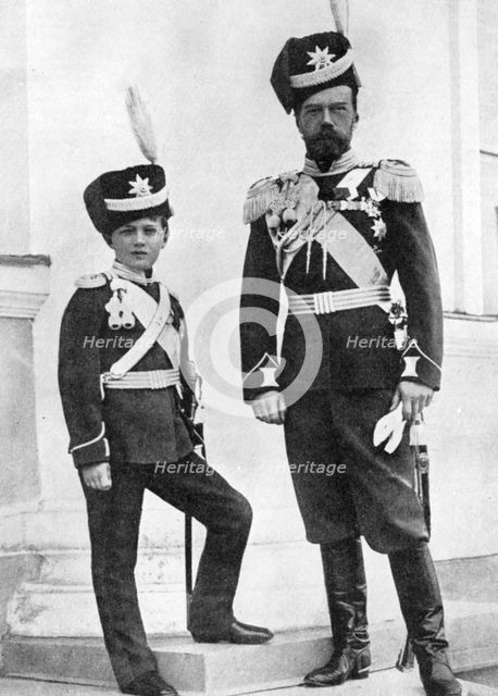 Tsar Nicholas II of Russia and his son, Alexei, in military uniform, c1910-c1916 Artist: Unknown