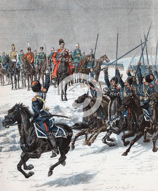 Tsar Nicholas II reviewing Cossacks, Russo-Japanese War, 1904-5. Artist: Unknown