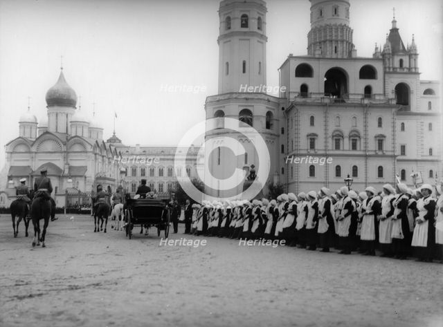 Tsar Nicholas II reviewing the parade of the pupils of Moscow in the Kremlin, Russia, 1912. Artist: K von Hahn