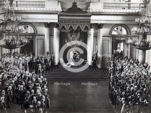 Tsar Nicholas II speaking at the opening of the first Duma, St Petersburg, Russia, 27 April 1906. Artist: Unknown