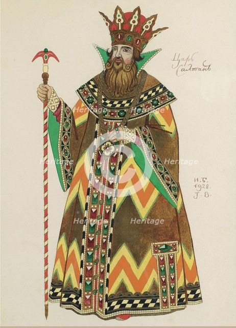 Tsar Saltan. Costume design for the opera The Tale of Tsar Saltan by N. Rimsky-Korsakov, 1928. Artist: Bilibin, Ivan Yakovlevich (1876-1942)
