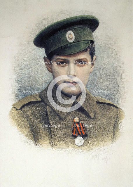 Tsarevich Alexei as a lance-corporal of the Russian Army, 1917. Artist: Anon