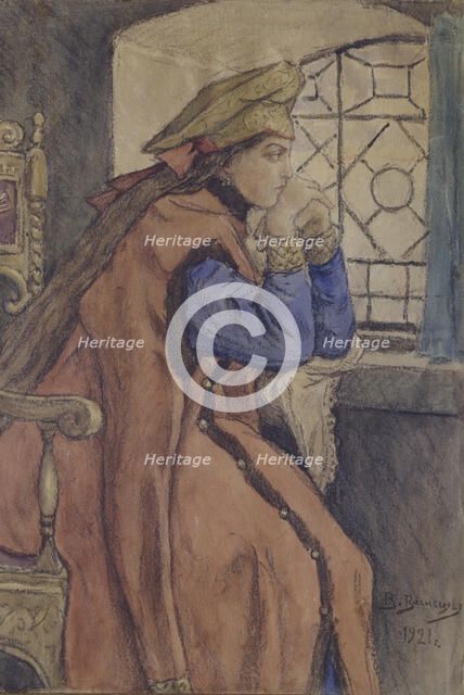 Tsarevna at the window (The Princess Who Never Smiled), 1920. Artist: Vasnetsov, Viktor Mikhaylovich (1848-1926)