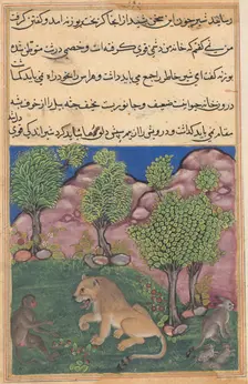 Tuti-Nama (Tales of a Parrot): Tale XXVIII: The Monkey Advises the Suspicious Lion..., c. 1560. Creator: Unknown