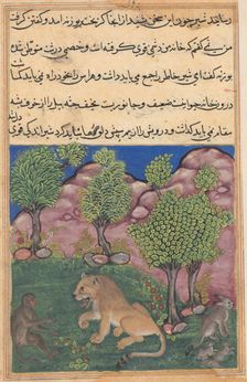 Tuti-Nama (Tales of a Parrot): Tale XXVIII: The Monkey Advises the Suspicious Lion..., c. 1560. Creator: Unknown