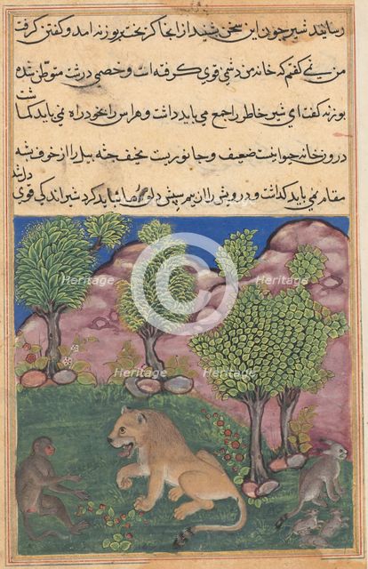 Tuti-Nama (Tales of a Parrot): Tale XXVIII: The Monkey Advises the Suspicious Lion..., c. 1560. Creator: Unknown.