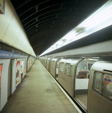 Tube train standing at Blackhorse Road station on the Victoria Line, London, 1974. Creator: Michael Walters