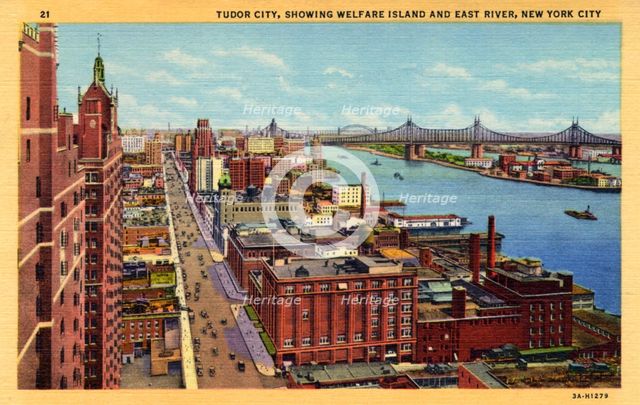 Tudor City, showing Welfare Island and East River, New York City, New York, USA, 1933. Artist: Unknown