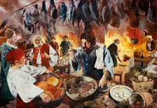 Tudor kitchen, July 1575, (c1990-2010). Artist: Ivan Lapper
