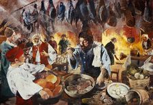 Tudor kitchen, July 1575, (c1990-2010). Artist: Ivan Lapper