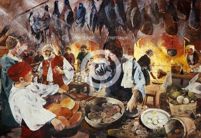 Tudor kitchen, July 1575, (c1990-2010). Artist: Ivan Lapper.