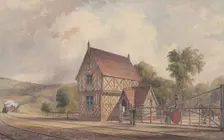 Tudor Style Rural Train Station and Railroad Crossing, 1844-77. Creator: John Connell Ogle