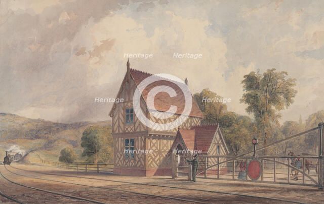 Tudor Style Rural Train Station and Railroad Crossing, 1844-77. Creator: John Connell Ogle.
