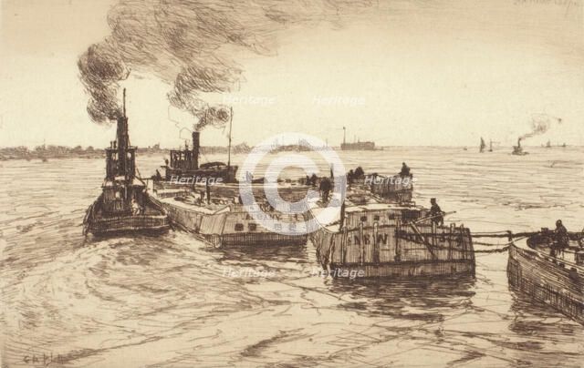 Tugboats and Barges, 1887. Creator: Charles Adam Platt.