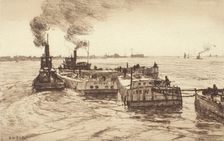 Tugboats and Barges, 1887. Creator: Charles Adam Platt