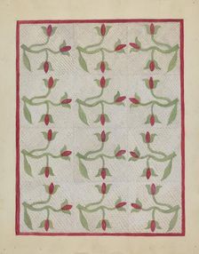 Tulip Pattern Quilt, c. 1937. Creator: Mabel Ritter