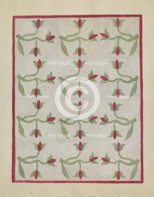 Tulip Pattern Quilt, c. 1937. Creator: Mabel Ritter.