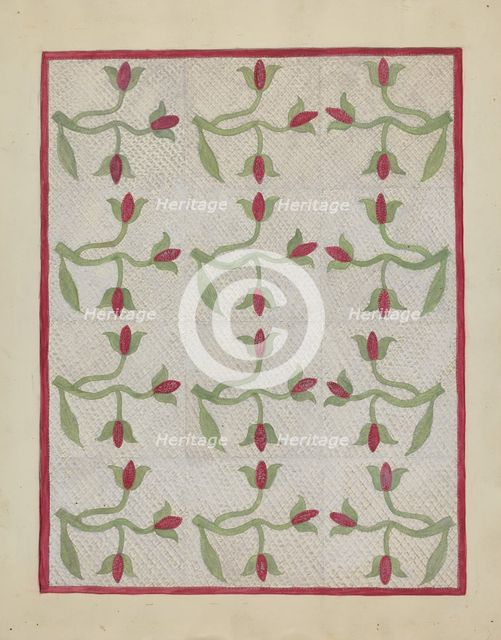 Tulip Pattern Quilt, c. 1937. Creator: Mabel Ritter.