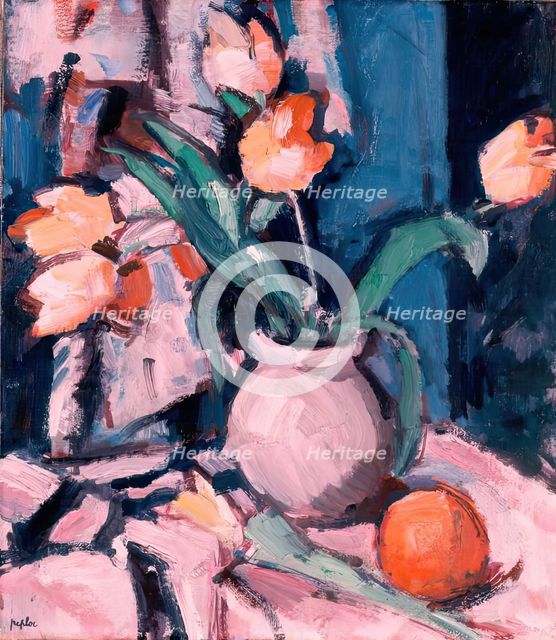 Tulips in a Brown Jar, 1933. Creator: Samuel John Peploe.