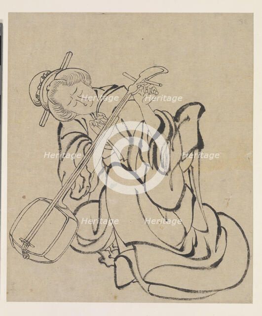 Tuning the Samisen, late 18th-early 19th century. Creator: Hokusai.