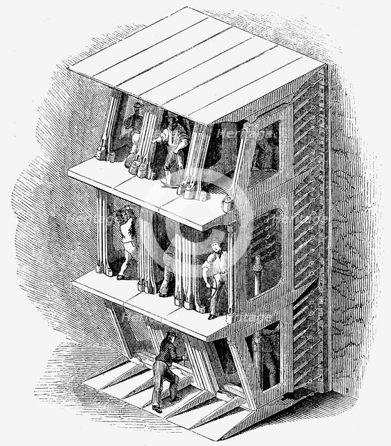 Tunneling shield used in the construction of the Thames Tunnel, London, 1842.. Artist: Unknown