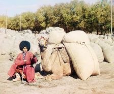 Turkmen man posing with camel loaded with sacks, probably of grain or cotton..., between 1905-1915. Creator: Sergey Mikhaylovich Prokudin-Gorsky