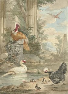 Turkey and Other Birds near Classical Ruins in a Park, c.1756-c.1761. Creator: Aert Schouman