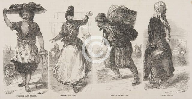 Turkish Cake-Seller; Dancing Dervish; Hamal, or Porter; Black Slave, 19th century. Creator: Unknown.