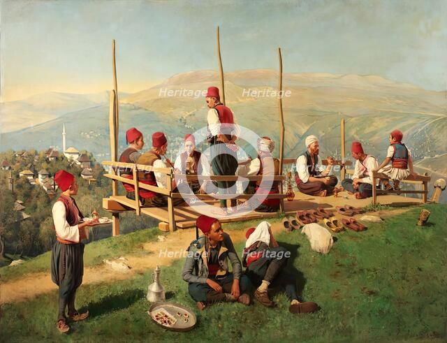 Turkish coffee house in Sarajevo, 1897. Creator: Franz Leo Ruben.