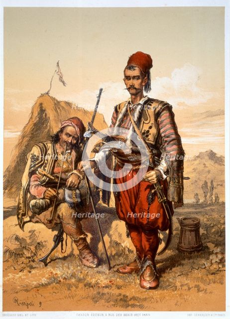 Turkish foot soldiers in the Ottoman army, 1857. Creator: Amadeo Preziosi.