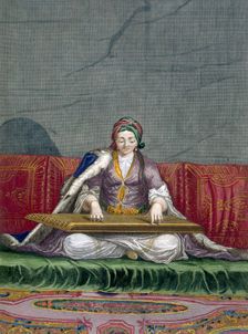 Turkish girl playing a keyboard plucking instrument, pub. 1707-08. Creator: Charles de Ferriol (1652-1722)